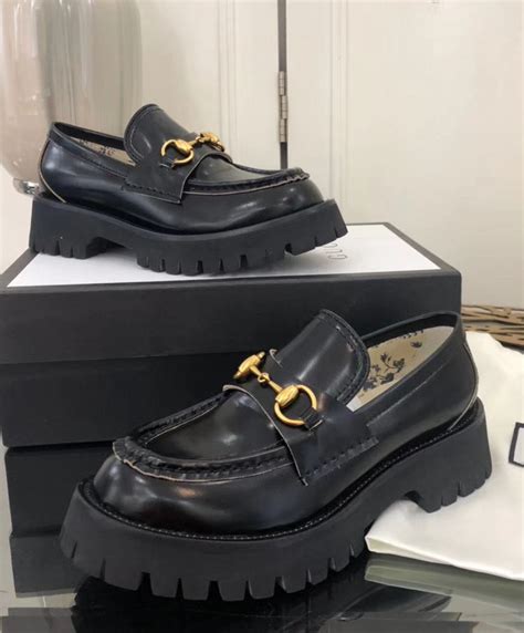 gucci black leather lug sole loafers